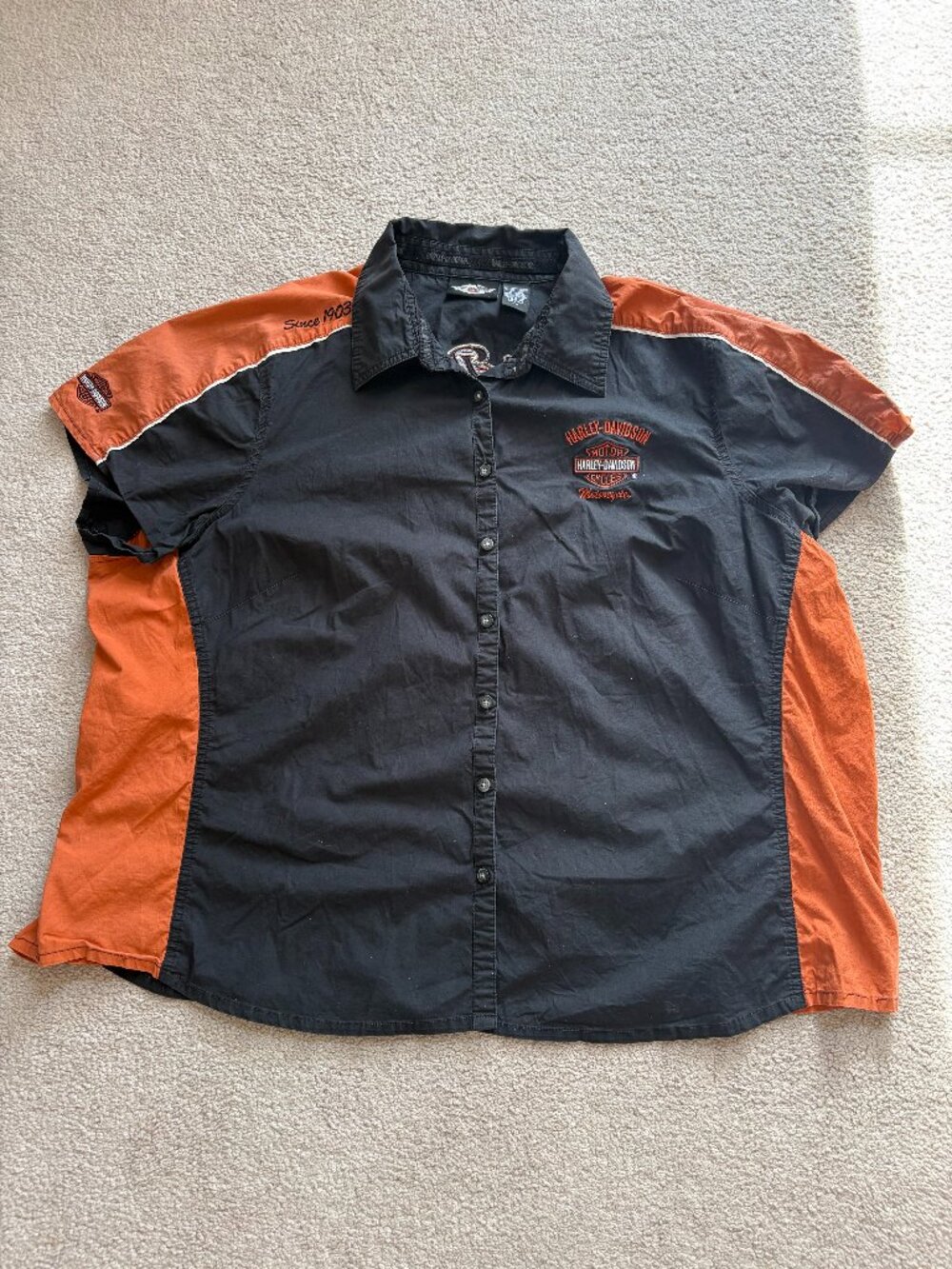 Harley Davidson Women's Short Sleeve Button Up Shirt Size 3W Black Orange